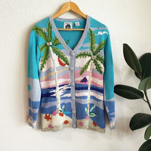 Storybook Knits Sweaters - VTG Storybook Knits Cardigan Small Novelty Beach Tropical Coastal 3D Crochet